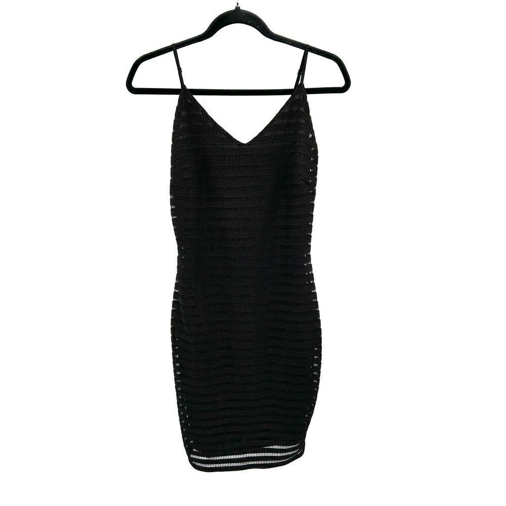 OLIVE TREE Black Bodycon Sheer Stripe Spaghetti Strap Stretch Mini Dress Large